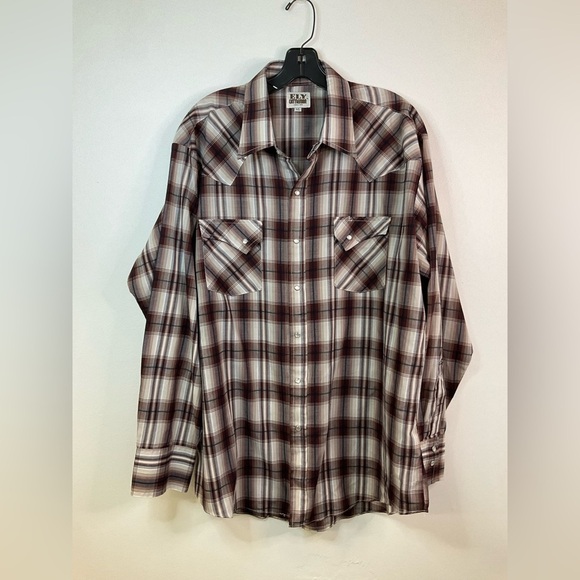 ELY Cattleman Western Yoke Shirt Pearl Snap Brown Plaid Front Pockets Men’s XL - Picture 3 of 8